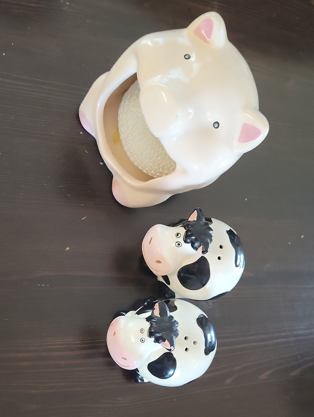 Ceramic Pig Sponge Holder and Cow Salt & Pepper Set - White/Pink/Black
